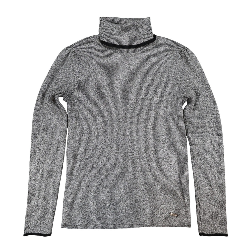 Calvin Klein Turtleneck Sweater Womens S Gray Rayon Ribbed Puff Sleeve Knit Top
